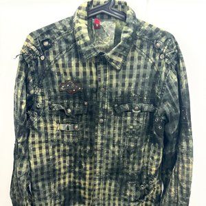 Fusai Jeans Men Button Up Shirt Med Green Military Logo Embroidered